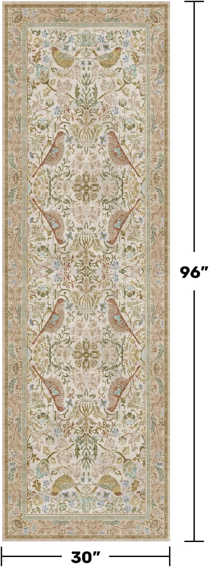 Hazo Haus 2'6"x8' Long Hallway Runner Rug - Vintage Botanical Wide Runners for Kitchen Bedroom Hall Way, Washable Non Slip with Rubber Backing, Beige Floral Décor