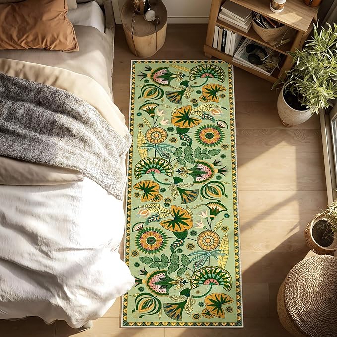 Joydeco Egypt Floral Boho 2x8 Hallway Bathroom Runner Rug, Washable Sage Green Soft Kitchen Rugs Runner Non Slip, Vintage Low Pile 8ft Long Carpet for Entrance Laundry Bath Room