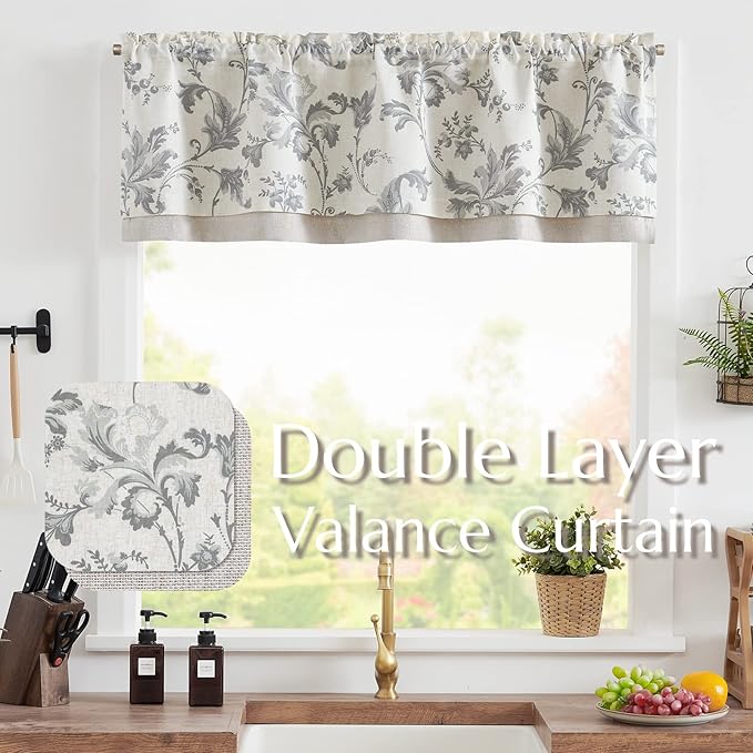 jinchan Linen Valance Curtain Farmhouse Window Decor Gray Floral Print for Kitchen Living Room Double Layer Blackout Valance 18 Inches Rustic Window Treatment 1 Panel Rod Pocket Grey on Beige