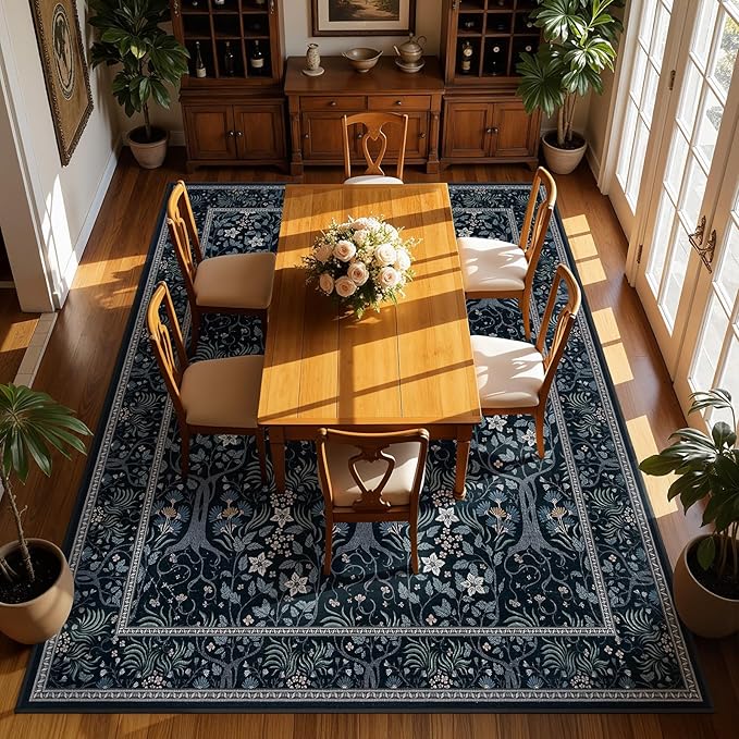 Joydeco Washable 9x12 Area Rugs for Living Room, Large Non Slip Vintage Floral Rug, Boho Bedroom Mats Under Bed, Soft Ultra-Thin Throw Carpet for Dining Room Apartment, Black-Blue