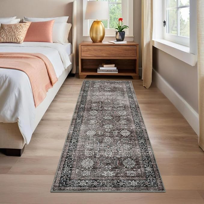GarveeHome Runner Rugs 2x6 Vintage Printed Hallway Rugs with Non-Slip Backing, Stain-Resistant Oriental Area Rugs, Washable Farmhouse Low Pile Rugs for Kitchen, Laundry, Brown
