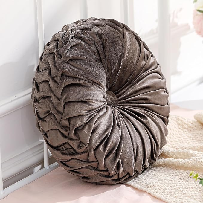 Drydiet 1 Pcs Round Throw Velvet Pillows Decorative Pleated Throw Pillows 15'' Diameter Accent Pumpkin Boho Chair Cushion for Couch Sofa Home Decoration (Taupe)