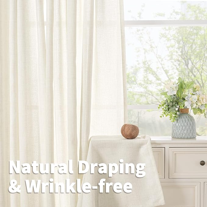 YoungsTex Ivory Linen Curtains 90 Inch Length for Living Room, Light Filtering Drapes with Bronze Grommet Rustic Semi Sheer Privacy for Bedroom Farmhouse Decorative, 52 x 90 Inch, 2 Panels