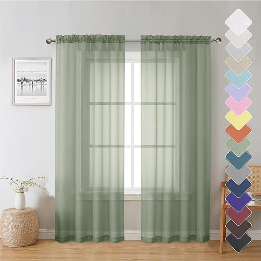Lecloud Sage Green Sheer Curtains 72 Inches Long 2 Panels Set, Rustic Voile Window Treatments for Bedroom Living Room, Dual Rod Pocket Window Curtain Drapes for Yard/Patio/Villa/Parlor, 40" W x 72" L
