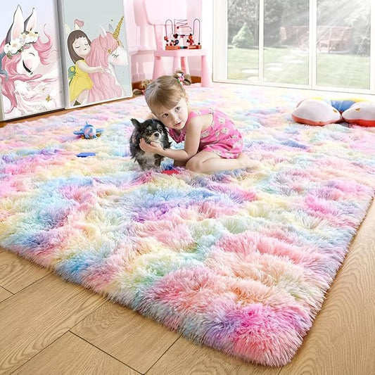 Noahas 5x7 Fluffy Rainbow Rugs for Bedroom Girls,Shag Pink Kids Room Rug,Shaggy Area Rugs for Living Room,Soft Fuzzy Colorful Playroom Nursery Dorm Carpets Room Decor