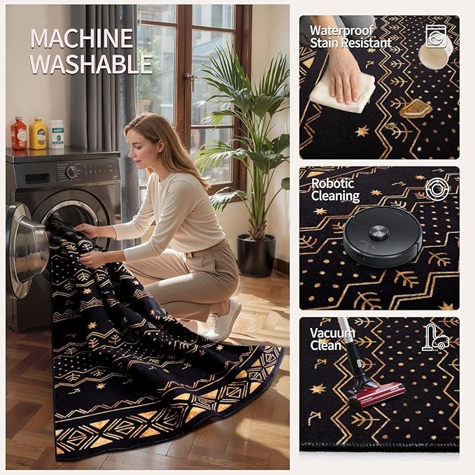 SERISSA 9x12 Area Rugs for Living Room, Washable Non-Slip Black and Gold Boho Rug, Soft Low-Pile Geometric Indoor Large Carpet for Dining Room Bedroom Home Office Playroom