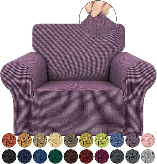 KEKUOU Stretch Single Sofa Slipcover 1 Piece Couch Sofa Cover (31"-55") Furniture Protector 1 Seater Sofa with Elastic Bottom for Kids,Pet.Jacquard Small Checked Pattern Fabric(Small,Dark Purple)