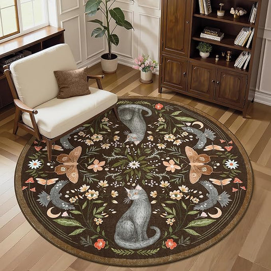 GarveeHome Round Area Rugs 5ft for Bedroom, Cat Brown Washable Circle Rug Soft Non Slip Mushroom Floral Floor Mat Carpet Indoor Thin Rug for Bedroom Dining Room Playroom Nursery Gothic Decor