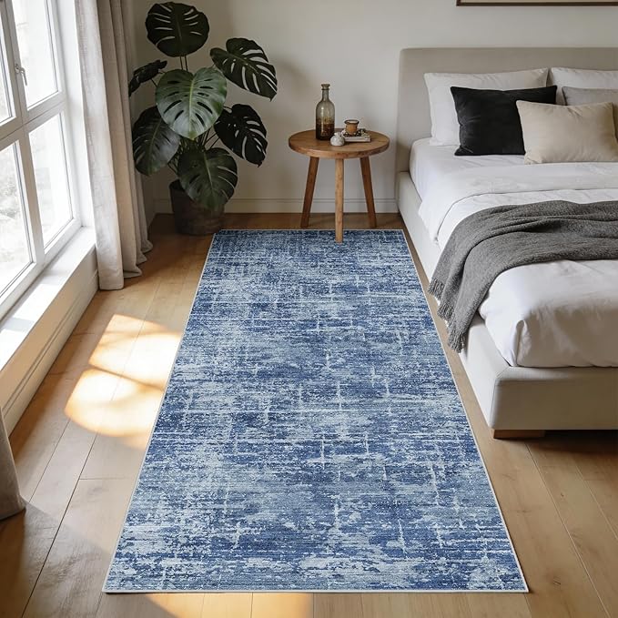 3x6 Washable Kitchen Runner Rug - Modern Abstract Neutral Carpet with Non-Slip Backing Low-Pile Stain-Resistant Thin Runners for Hallway Bathroom Bedroom Entryway (3x6, Blue)
