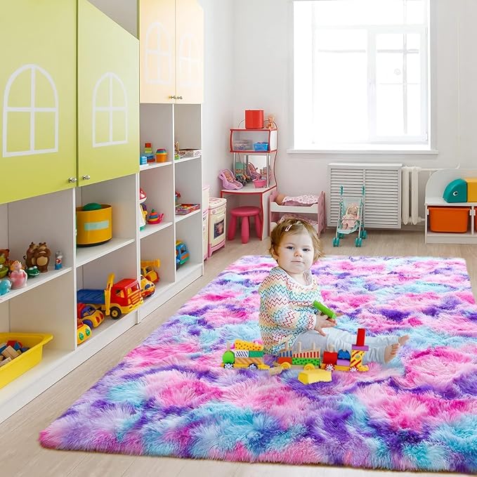 Noahas 6x9 Area Rugs for Living Room,Tie-Dyed Hot Pink and Purple Area Rug,Big Shaggy Rugs for Bedroom,Fluffy Large Carpet,Soft Kids Rug Non Slip Reduce Noise Room Decor