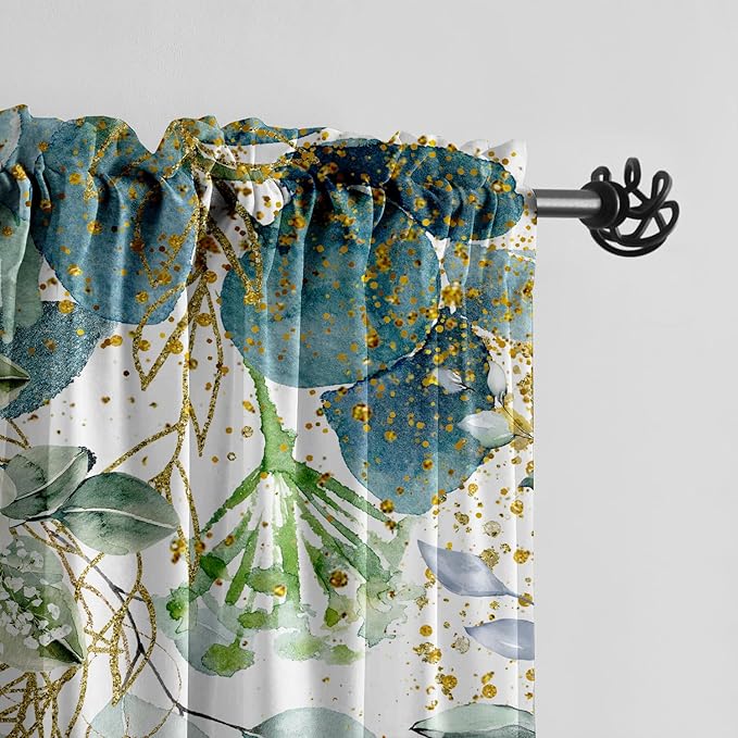 Gold Green Botanical Curtains 96 Inches Long for Living Room Eucalyptus Leaves Light Filtering Curtains Sage Green White Floral Drapes for Bedroom Farmhouse Leaf Flower Printed Door Curtain