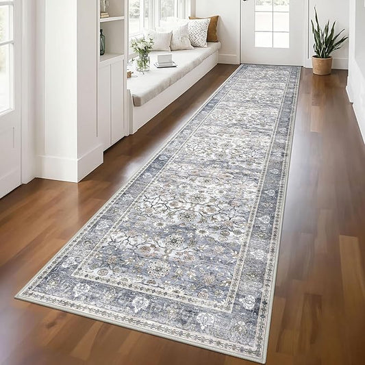 KUTA Vintage Long Runners for Hallways, 2.6x12 Grey Blue Washable Non-Slip Kitchen Rugs Ultra Thin Soft Printed Distressed Oriental Floral Floor Carpet for Laundry Bedroom Living Room Nursery