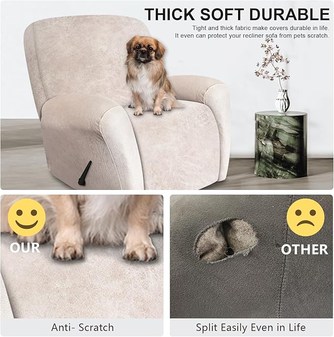 ANARACHON Recliner Chair Covers Leather Look, 4 Pieces Recliner Covers Non Slip, Soft Slipcovers for Large Recliners, Furniture Protector Washable for Pets (1 Seater, 02 Beige)