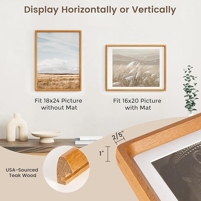 18 x 24 Poster Frame, USA-Sourced Teak Wood Picture Frame with HD Tempered Glass, Handcrafted Rounded Corner 18x24 Wooden Frames Matted to 16x20 Photos, Horizontal or Vertical Wall Display