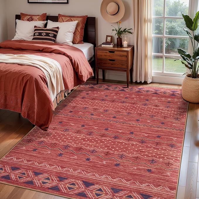 SERISSA 4x6 Area Rugs for Living Room, Washable Non-Slip Red 0chre Boho Rug, Soft Low-Pile Geometric Indoor Carpet for Dining Room Bedroom Home Office Nursery