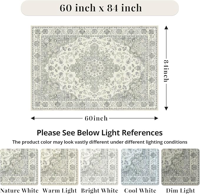 Green 5x7 Washable Area Rug, Non-Slip Soft Ultra-Thin Polyester Carpet with Vintage Stain Resistant Indoor Rug for Living Room, Bedroom, Dining Room, Nursery Oeko-TEX - Green
