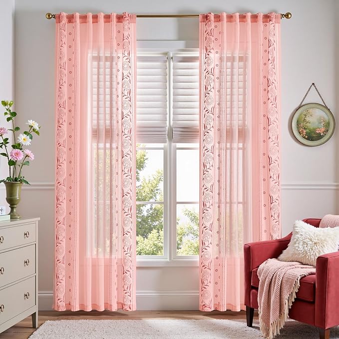 jinchan Winslow Pink Sheer Curtains 84 Inch for Bedroom Living Room Embroidered Bordered Floral Nursery Curtains for Girls Room Dorm Light Filtering, 2 Panels, 50W x 84L