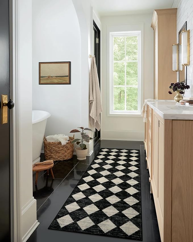 Lahome Zelie Washable Kitchen Runner Rug, 2x7 Black and White Hallway Bathroom Runner Rugs, Moroccan Trellis Soft Non Slip Stain Resistance Carpet Runners for Entryway Bedside