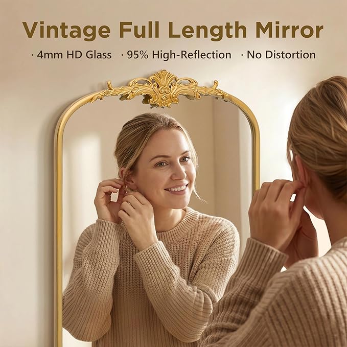 Besdomus Antique Full Length Mirror: 21"x56" French Gleaming Gold Arched Full Body Mirror - Floor Vintage Baroque Traditional Ornate for Entryway/Cloakroom/Bedroom - Home Decor for Interior Designers