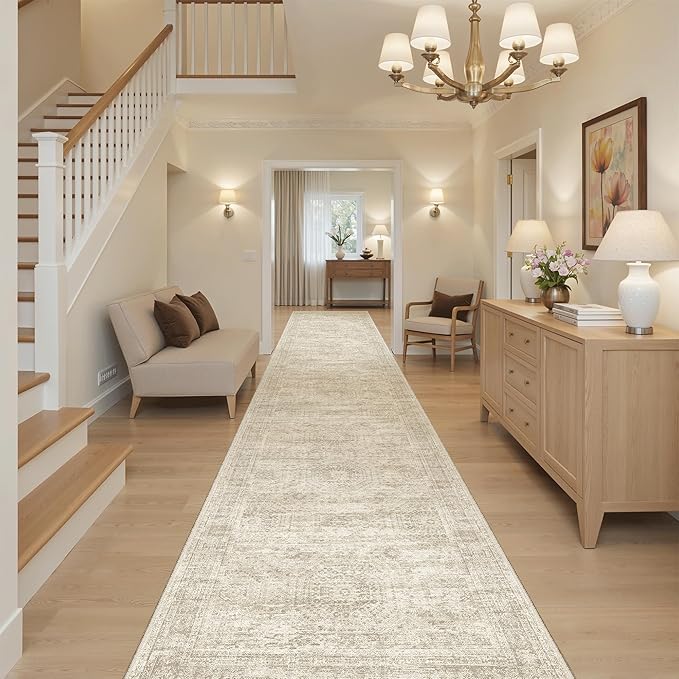 Soalmost Hallway Runner 3x14 - Runner Rugs 14ft Washable Entryway Rug Vintage Kitchen Runners Non Slip Indoor Rug Farmhouse Carpet Runner for Bathroom Living Room Bedroom, Beige