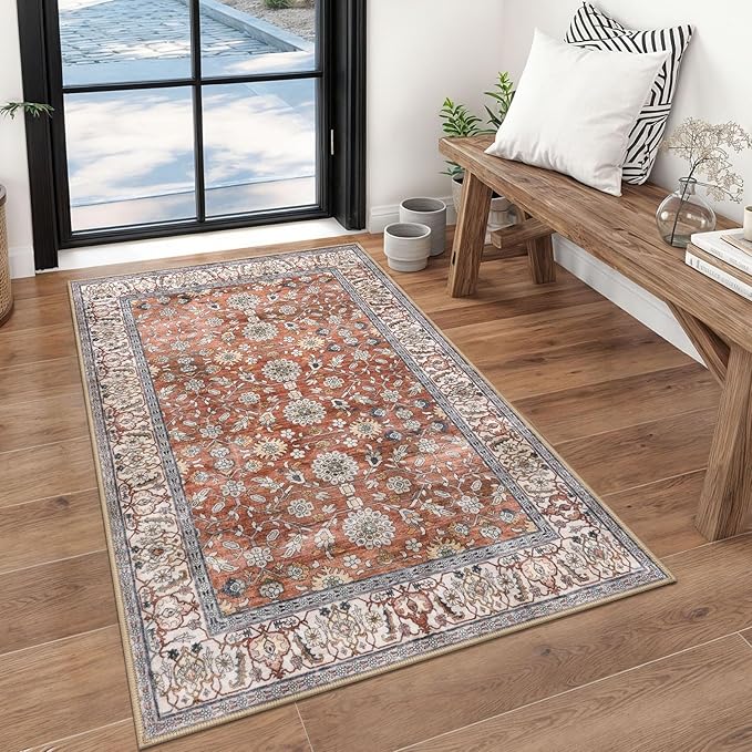 KUTA 3x5 Rugs for Entryway, Vintage Floral Area Rug Washable Non-Slip Red Clay Ultra Thin Soft Printed Distressed Entry Low-Pile Throw Carpet for Bedroom Nursery Living Room