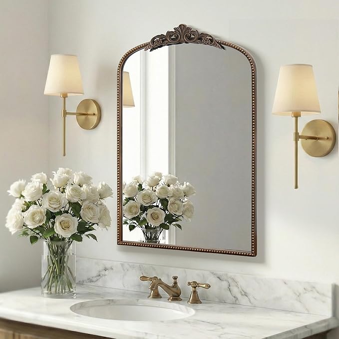 Micasso Traditional Ornate Bronze Mirror: 36" x 24" French Baroque Antique Mirror - Decorative Vintage Arched Mirrors for Wall/Bathroom/Entryway/Hallway - Home Decor for Living Room
