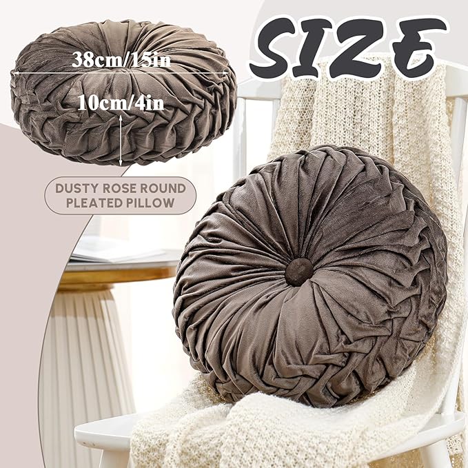 Drydiet 1 Pcs Round Throw Velvet Pillows Decorative Pleated Throw Pillows 15'' Diameter Accent Pumpkin Boho Chair Cushion for Couch Sofa Home Decoration (Taupe)