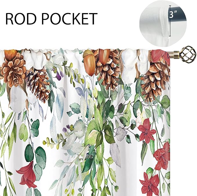 Red Flower Eucalyptus Botanical Leaves Sage Green Christmas Floral Kitchen Window Curtains Over Sink Leaf Small Treatment Cafe Short Curtains for Bathroom Treatment Tier Drapes 27.5x39 inch
