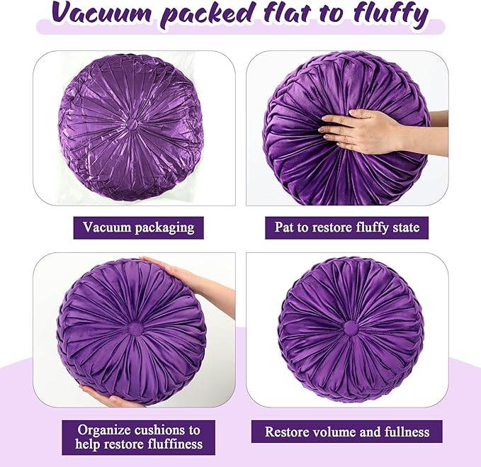 Drydiet 1 Pcs Round Throw Velvet Pillows Decorative Pleated Throw Pillows 15'' Diameter Accent Pumpkin Boho Chair Cushion for Couch Sofa Home Decoration (Purple)