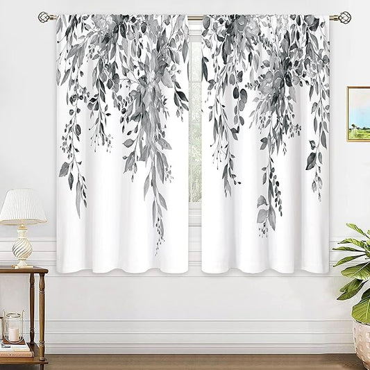 Grey Eucalyptus Botanical Leaves Floral Window Curtains Watercolor Black White Flower Plant Wildflower Farmhouse Curtain Drapes Herb Curtains for Bedroom Living Room Treatment 42Wx45H Inch