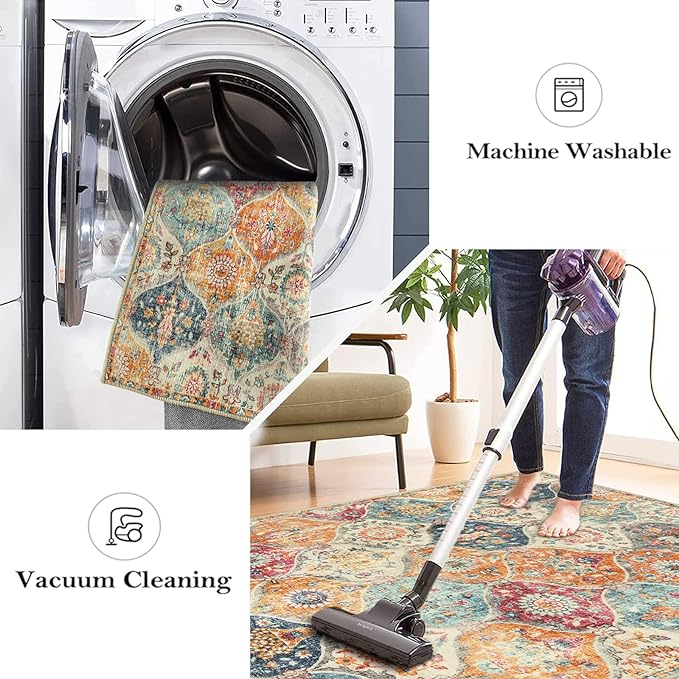 Lahome Moroccan Trellis Round Area Rugs, Washable Small Round Rug 3ft Non-Slip, Soft Vintage Ultra-Thin Circle Carpet for Bedroom Entryway Kitchen Laundry Bathroom Elise, Cream/Multi