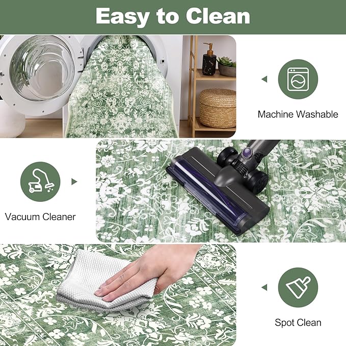 LOKHOM Washable Runner Rug, 2x8 Green Non-Slip Vintage Hallway Runner Rug with Rubber Backing, Boho Floral Soft Faux Wool Kitchen Rug Carpet Runner for Laundry Entryway Bedroom (Tender Green)