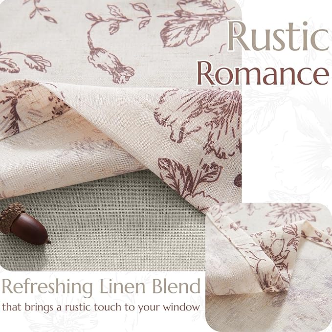 jinchan Linen Floral Valance Double Layer Kitchen Window Curtain Brick Red Flower Valance for Living Room Cafe Farmhouse Light Filtering Rustic Country Curtain 16 Inch Rod Pocket 1 Panel