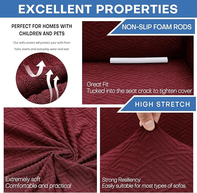 XINEAGE 2026 New 1 Piece Couch Covers for 3 Cushion Couch (79"-91") Stretch Sofa Cover Slipcover Pet Friendly Soft Washable Furniture Protector with Elastic Bottom for Kids,Dog (Sofa, Wine Red)