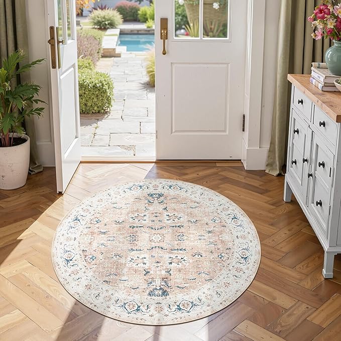 jinchan Round Rug 4ft Area Rug - Washable Boho Vintage Floral Circle 4' Round Floor Cover Lightweight Low Pile Thin Throw Non-Slip Carpet for Kitchen Living Room Bedroom Dining Room Office Pink Blush