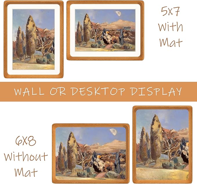 6x8 Picture Frame with Mat for 5x7, Natural Teak Wood Handcrafted Rounded Corner with Real Glass, Vertical or Horizontal Display Photo Gallery Wall & Tabletop Frame
