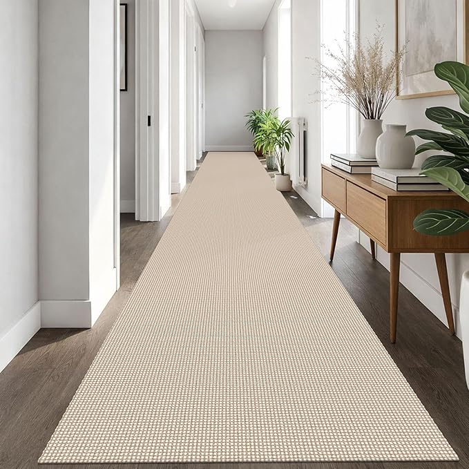 IOHOUZE Washable Exrea Long Hallway Runner Rug 3x20 Non Slip Rubber Backed Kitchen Runner Entryway Runner Indoor, Woven Rugs Floor Carpet for Kitchen Hall Entryway, Beige/Khaki