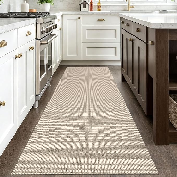IOHOUZE Washable Runner Rug 3x8 Non Slip Rubber Backed Wide Hallway Runner Entryway Runner Indoor, Kitchen Rugs Woven Floor Carpet for Hall Entrance Bedroom, Beige/Khaki