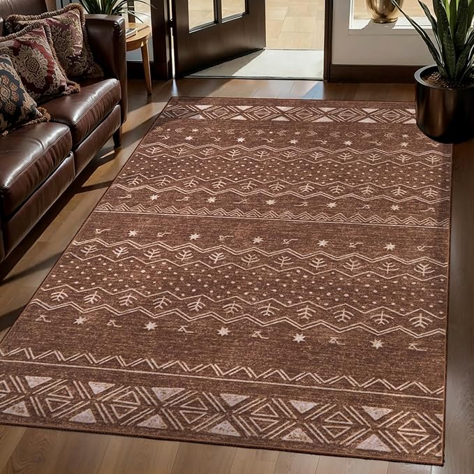 SERISSA 3x5 Area Rugs for Living Room, Washable Non-Slip Coffee Brown Small Boho Rug, Soft Low-Pile Geometric Indoor Throw Carpet for Bedroom Kitchen Dining Room Office