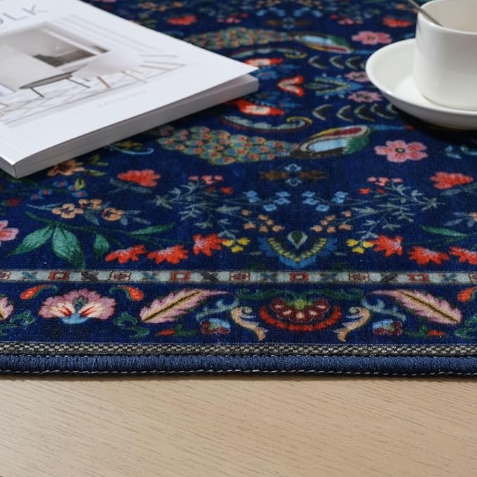 Rugcomf 2'7"x12' Kitchen Runner - Floral Washable Long Hallway Runner Rug Non Slip, Boho Carpet for Entryway, Hall, Bathroom - Blue