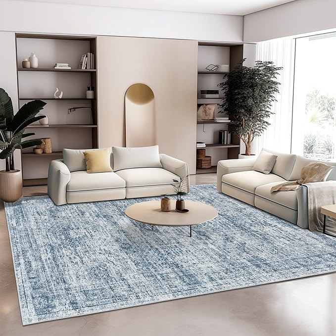 Soalmost Washable Area Rug 8x10, Large Soft Rugs for Living Room Vintage Blue 8x10 Area Rugs for Bedroom Dining Room Non-Slip Stain Resistant Under Table Rug