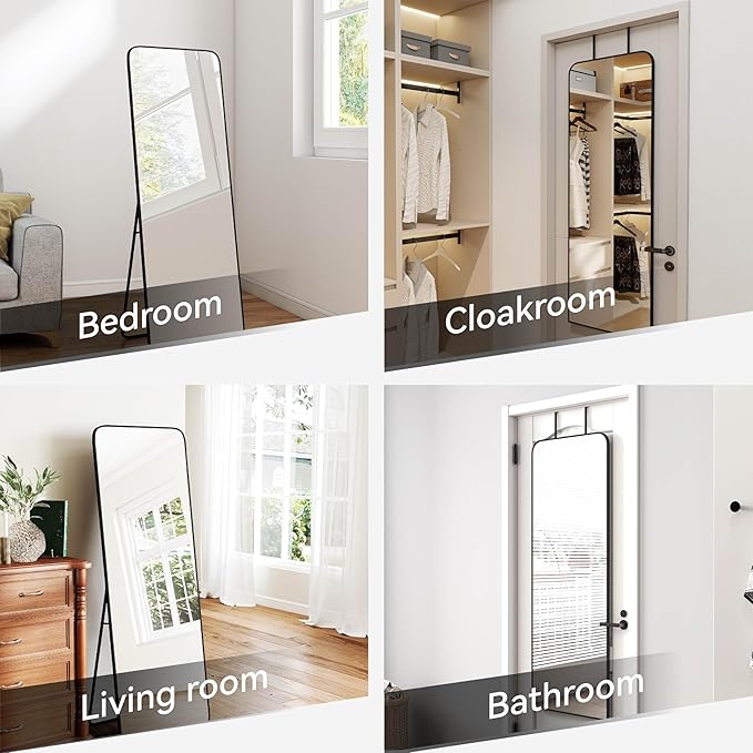 SCWF-GZ 57x20 Door Hanging Full Length Mirror, Floor (Height 5.7ft just Body in 1.3ft) or Wall Mounted Metal Frame Rectangle Dressing Mirrors for Bedroom Bathroom Living Room 57 inch Black