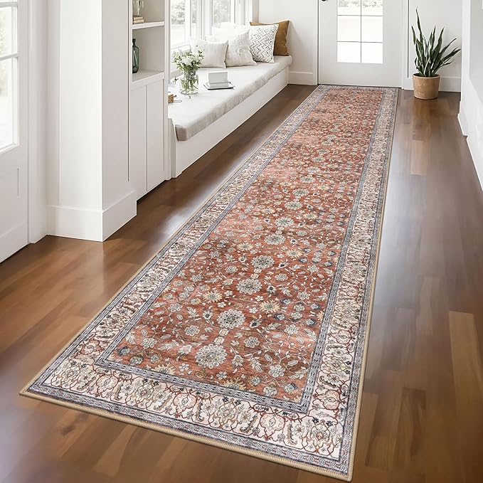 KUTA Vintage Long Runners for Hallways, 2.6x12 Red Clay Washable Non-Slip Kitchen Rugs Ultra Thin Soft Printed Distressed Oriental Floral Floor Carpet for Laundry Bedroom Living Room Nursery
