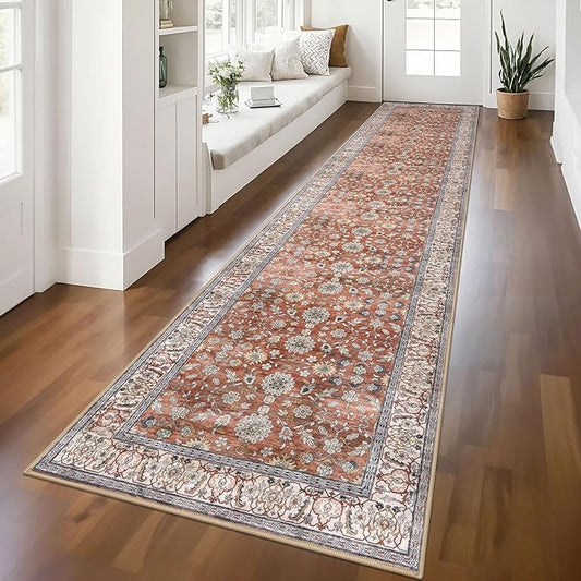 KUTA Vintage Long Runners for Hallways, 2.6x12 Red Clay Washable Non-Slip Kitchen Rugs Ultra Thin Soft Printed Distressed Oriental Floral Floor Carpet for Laundry Bedroom Living Room Nursery