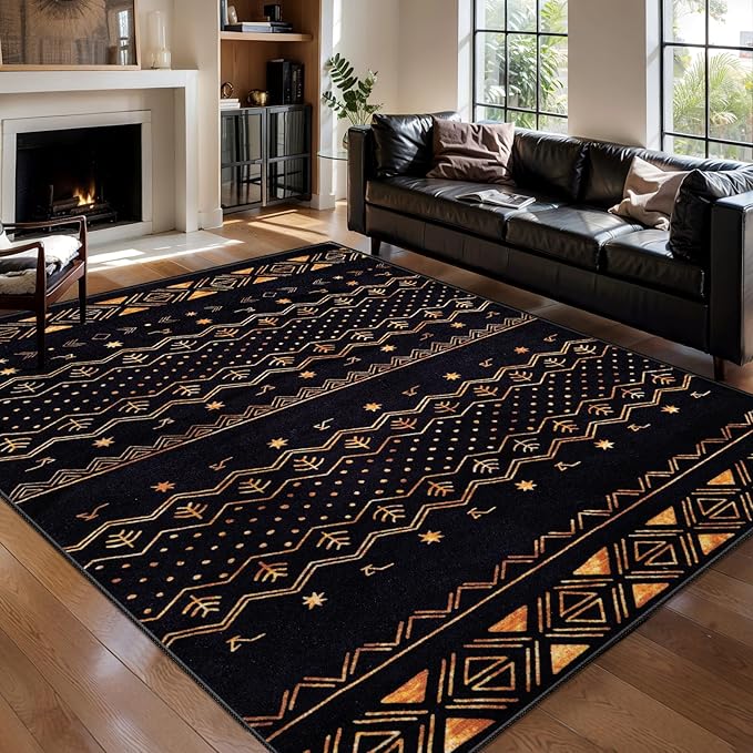 SERISSA 5x7 Area Rugs for Living Room, Washable Non-Slip Black and Gold Boho Rug, Soft Low-Pile Geometric Indoor Large Carpet for Dining Room Bedroom Home Office Playroom