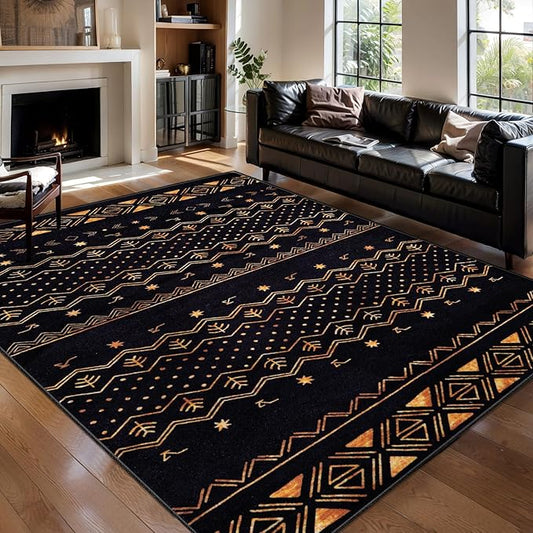 SERISSA 5x7 Area Rugs for Living Room, Washable Non-Slip Black and Gold Boho Rug, Soft Low-Pile Geometric Indoor Large Carpet for Dining Room Bedroom Home Office Playroom