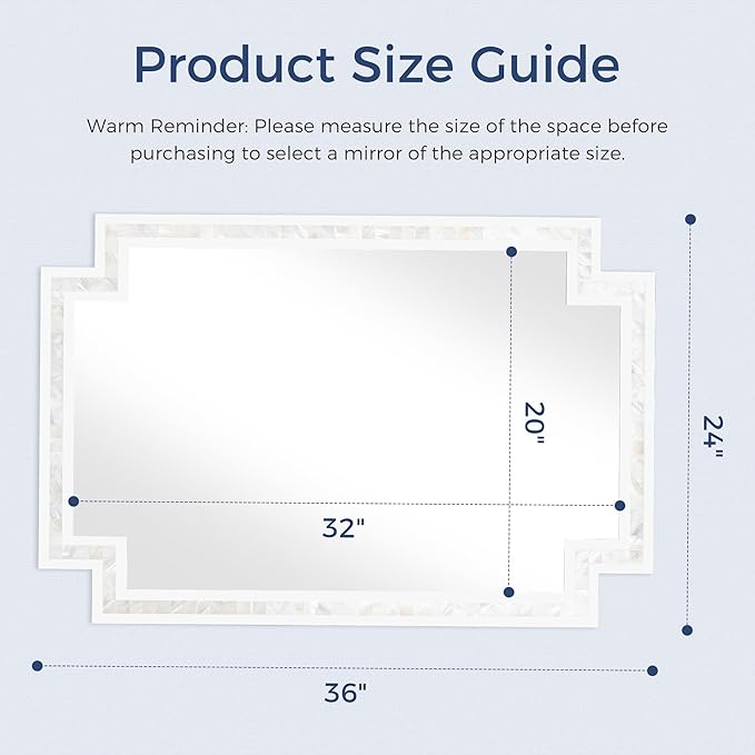 Tanmicoshomy 24 x 36 Inch White Bathroom Mirrors for Wall, Decorative Shell Inlay Mosaic Rectangle Mirrors with Tempered Glass for Bedroom, Living Room or Entryway