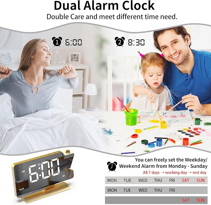 Projection Alarm Clock for Bedroom Ceiling, Gold Digital Clock Room Decor - Image 8