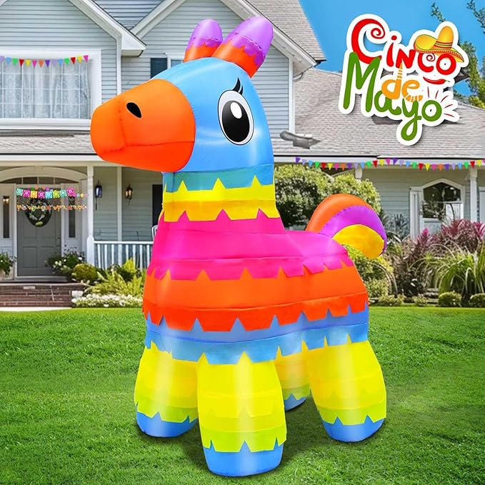 TURNMEON 6 Ft Cinco De Mayo Inflatables, Fiesta Inflatables Pinata Party Decorations Blow Up Fiesta Donkey Built-in LED Lights Mexican Theme Decorations for Fiesta Party Yard Garden Outdoor Decor