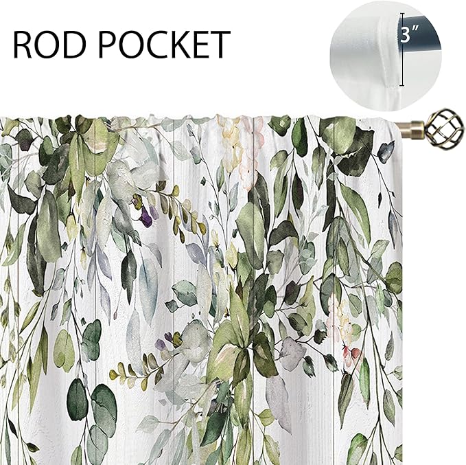 Farmhouse Wooden Sage Green Eucalyptus Leaves Window Curtains Flower Floral Botanical Plant Wildflower Curtain Drapes Herb Curtains for Bedroom Living Room Treatment 2 Panels 29Wx63H Inch